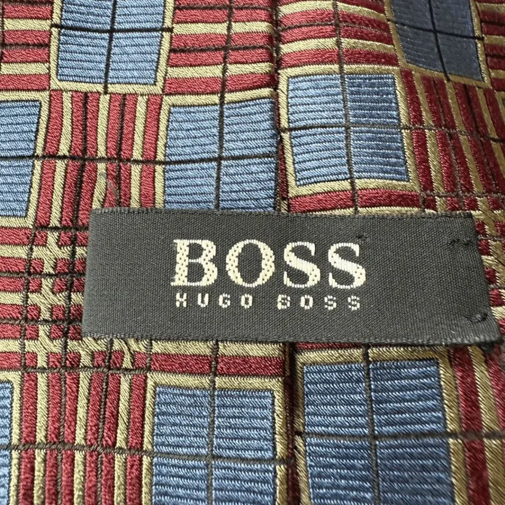 Boss Hugo Boss‎ Men's Silk Geometric Textured Made In Italy Neck Tie Blue Maroon
